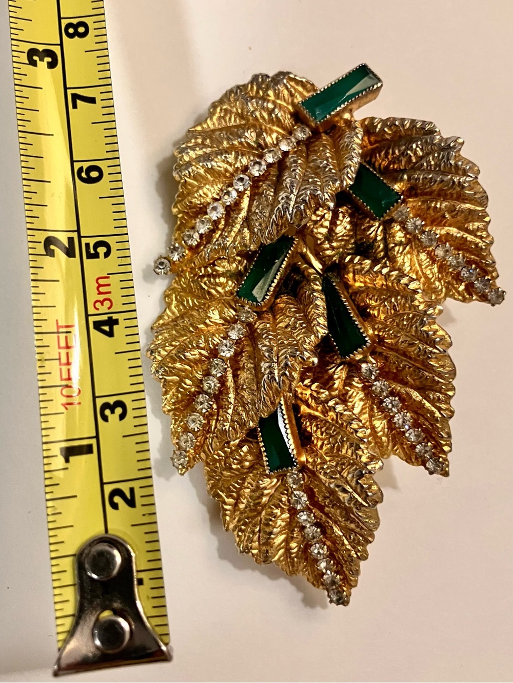 1960’s Hobe VTG Green Emerald Glass Gold Tone 3” Big Leaf Pin Brooch for FALL!